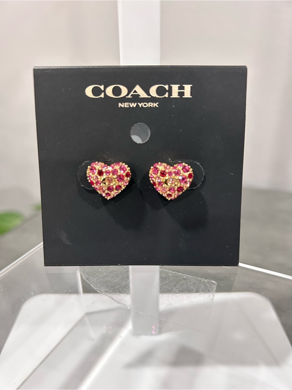 Coach Pink Crystal Heart Stud Earrings with Logo Accent